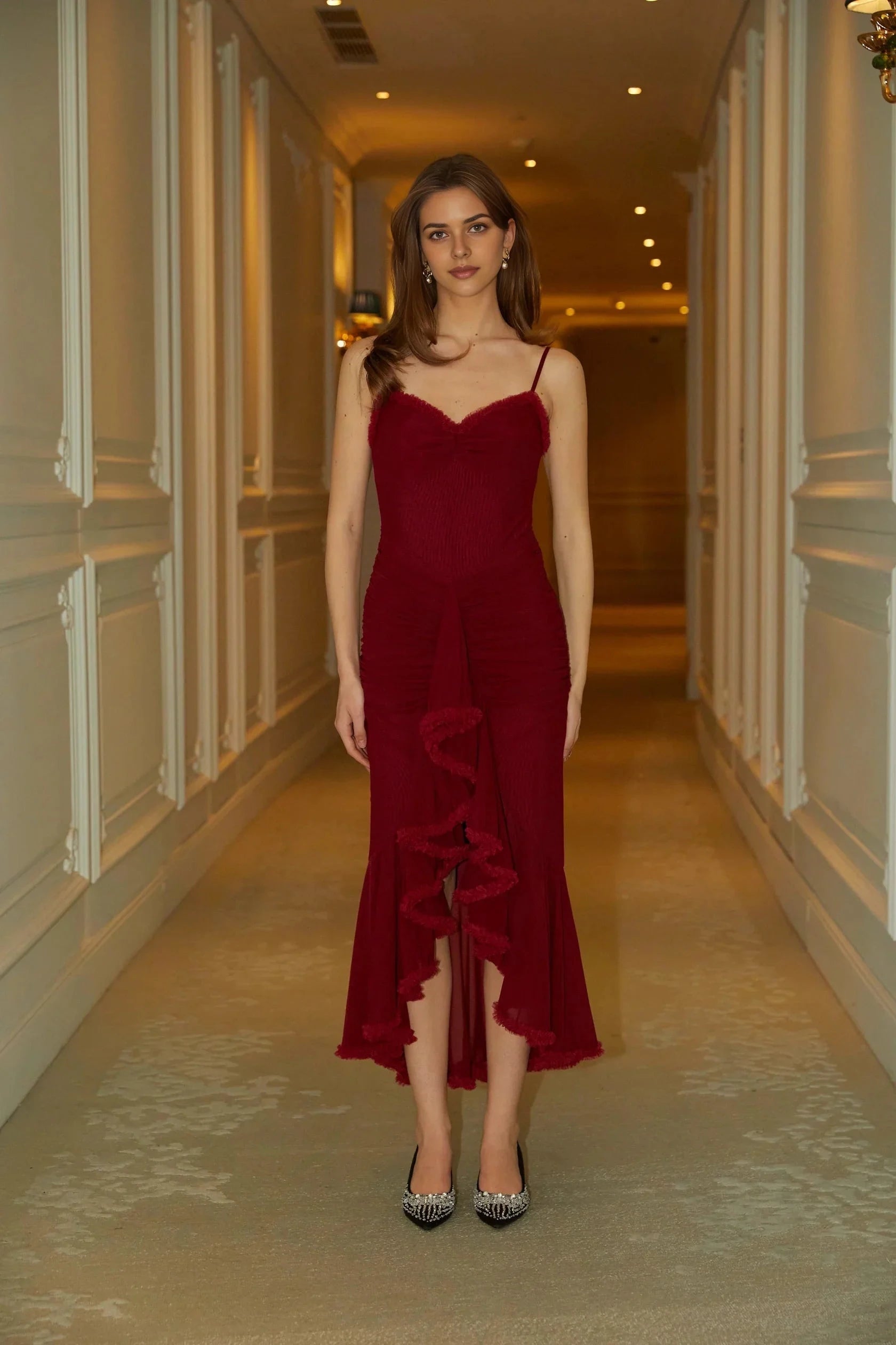 Burgundy Spaghetti Strap Ruffled Midi Dress ruffle draped maxi dress in Red Evening Dress by YiHuiw