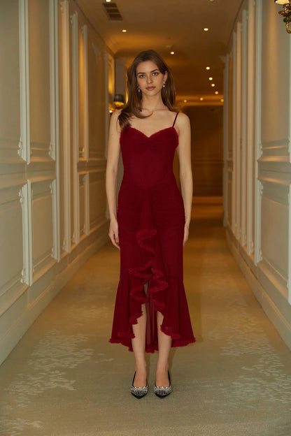 Burgundy Spaghetti Strap Ruffled Midi Dress ruffle draped maxi dress in Red Evening Dress by YiHuiw