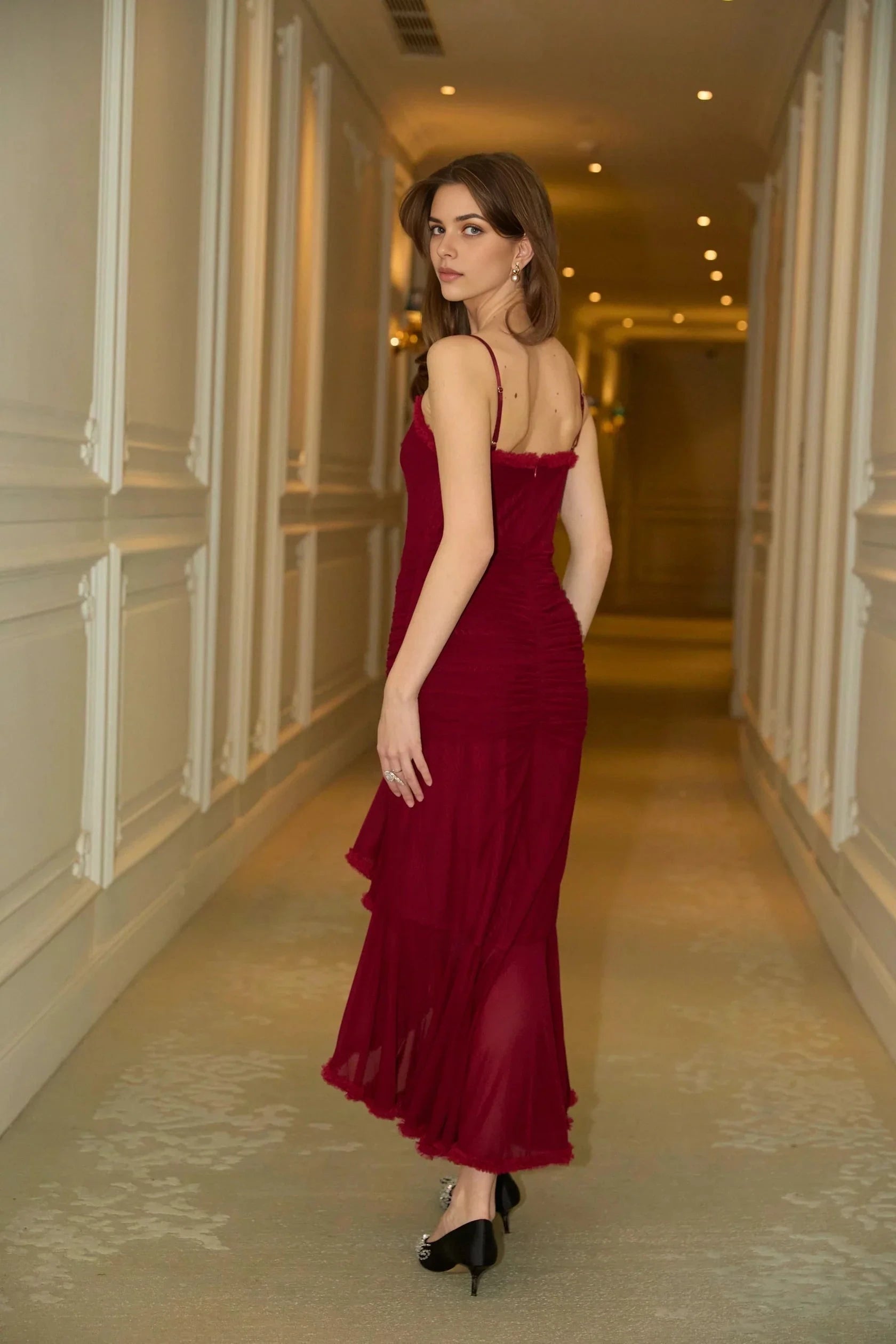 Burgundy Spaghetti Strap Ruffled Midi Dress ruffle draped maxi dress in Red Evening Dress by YiHuiw