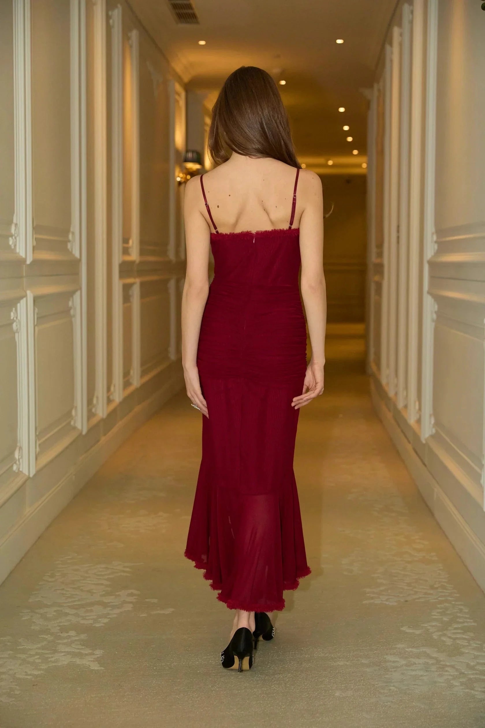 Burgundy Spaghetti Strap Ruffled Midi Dress ruffle draped maxi dress in Red Evening Dress by YiHuiw