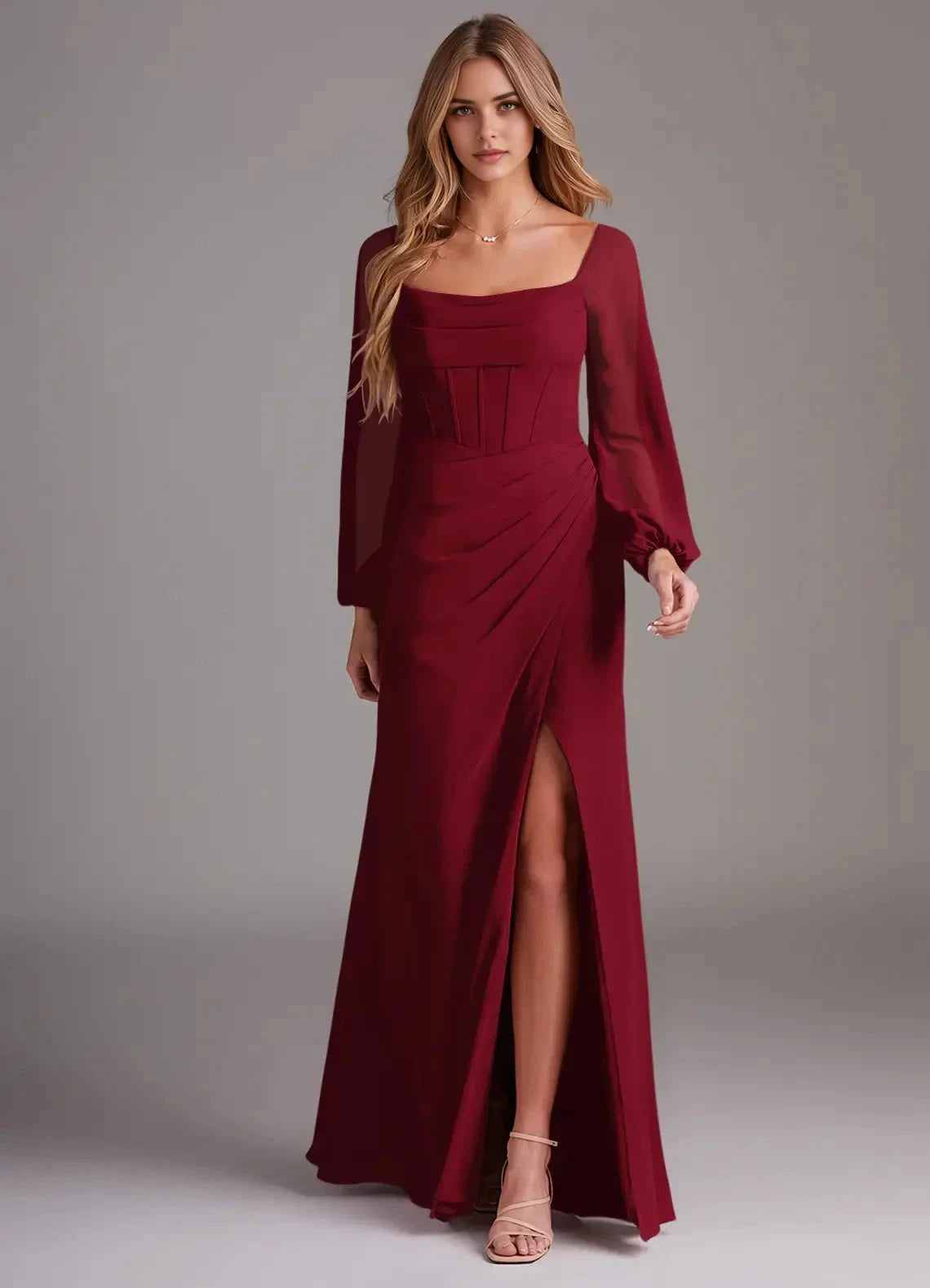 Burgundy Square Neck Long Sleeve Maxi Dress with Side Slit Sheath Long Sleeve Chiffon Dress Bridesmaid Dresses by YiHuiw