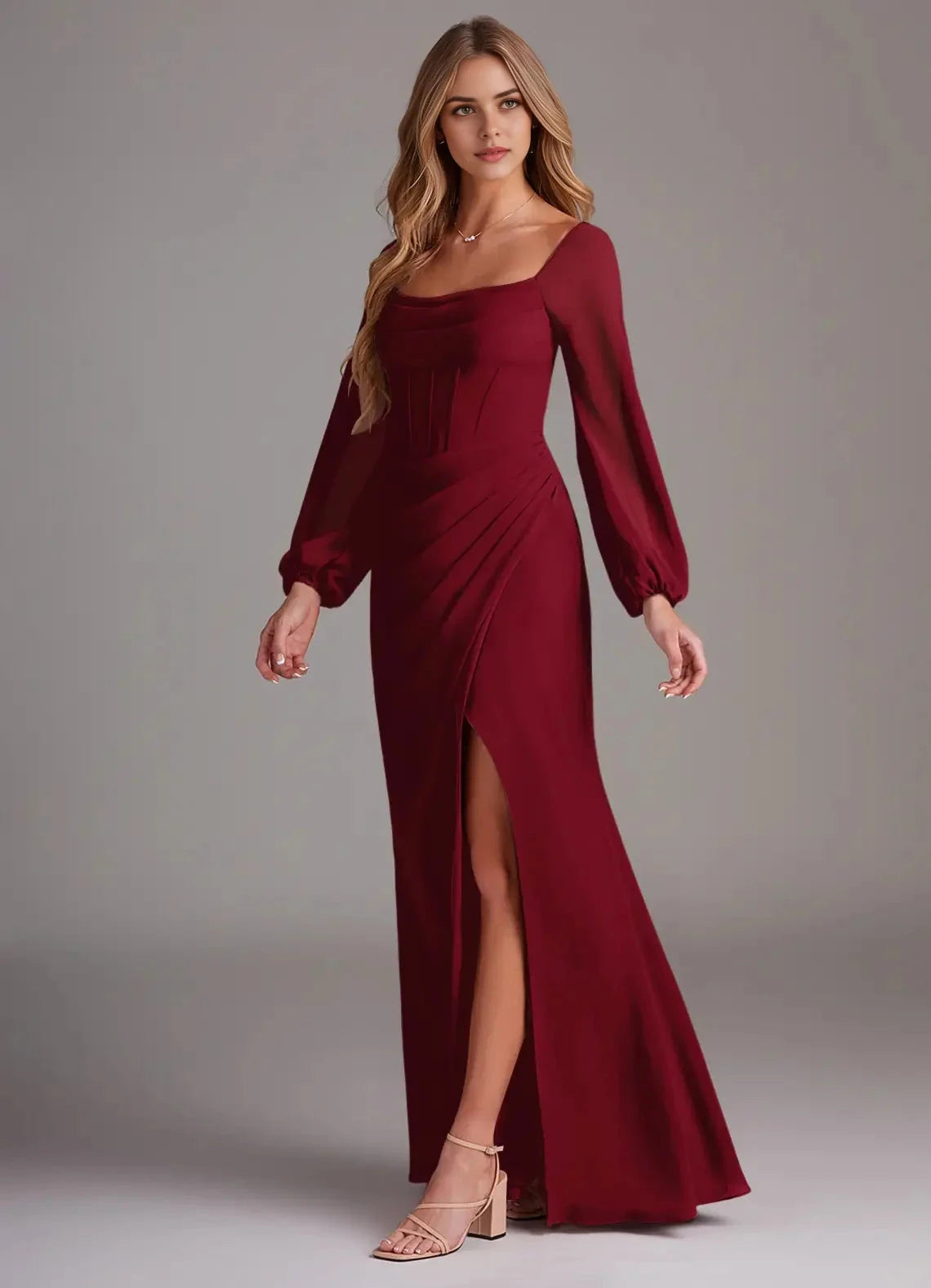 Burgundy Square Neck Long Sleeve Maxi Dress with Side Slit Sheath Long Sleeve Chiffon Dress Bridesmaid Dresses by YiHuiw