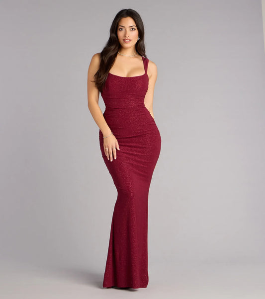 Burgundy Mermaid Square Neck Lace Ruched Floor-Length Homecoming Dress - Yihuiw by Yihuiw
