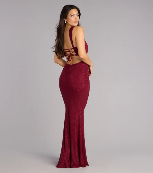 Burgundy Mermaid Square Neck Lace Ruched Floor-Length Homecoming Dress - Yihuiw by Yihuiw