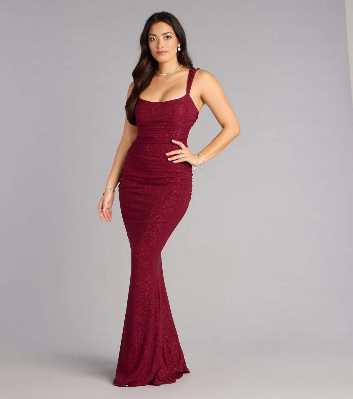 Burgundy Mermaid Square Neck Lace Ruched Floor-Length Homecoming Dress - Yihuiw by Yihuiw
