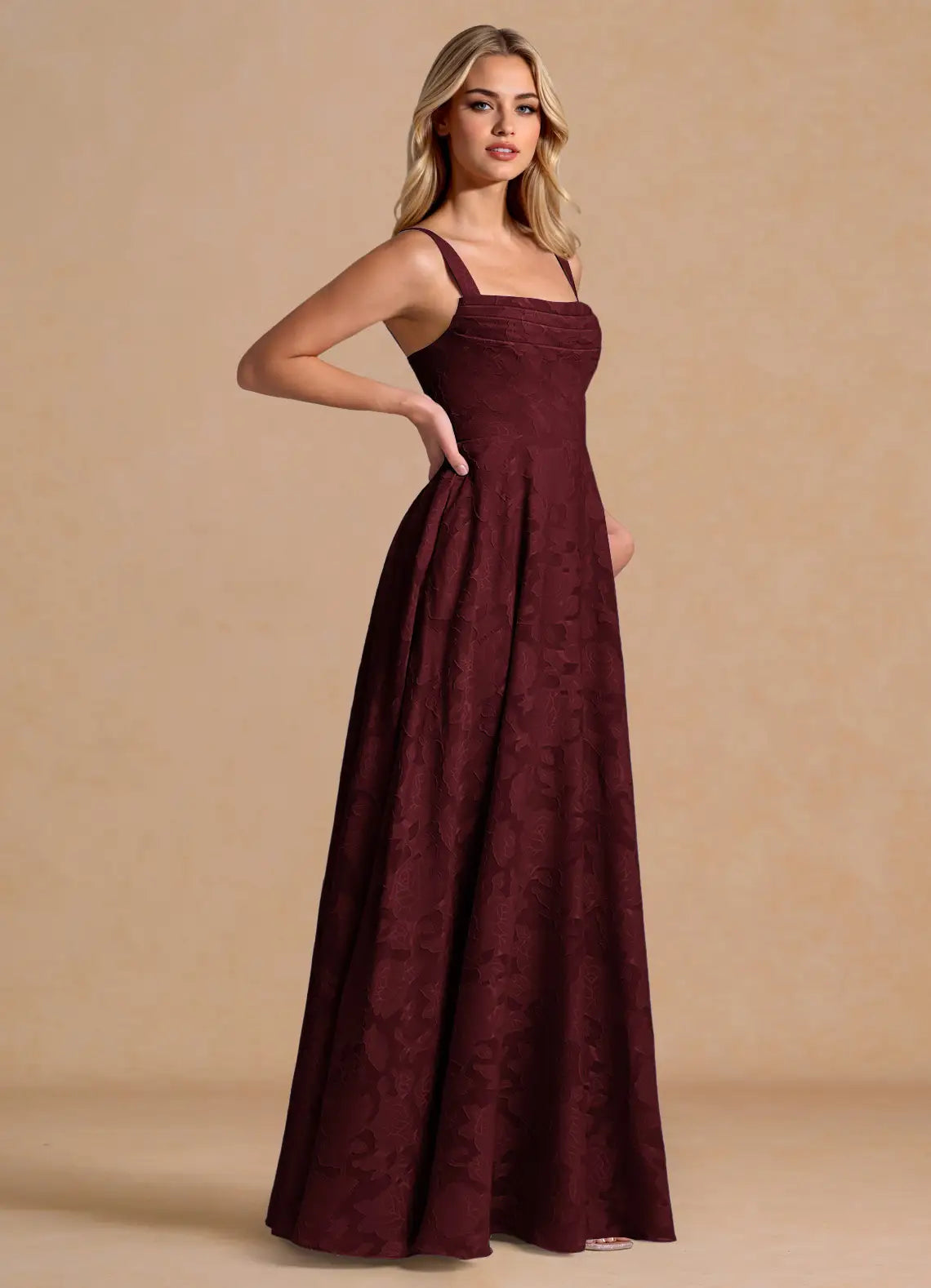 Burgundy A-Line Square Neck Pleated Floor-Length Wedding Dress - Yihuiw by Yihuiw