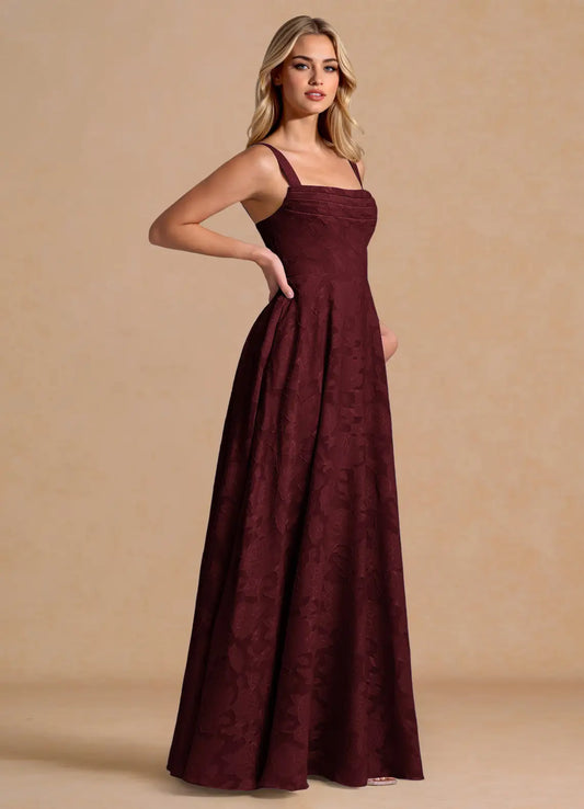 Burgundy A-Line Square Neck Pleated Floor-Length Wedding Dress - Yihuiw by Yihuiw