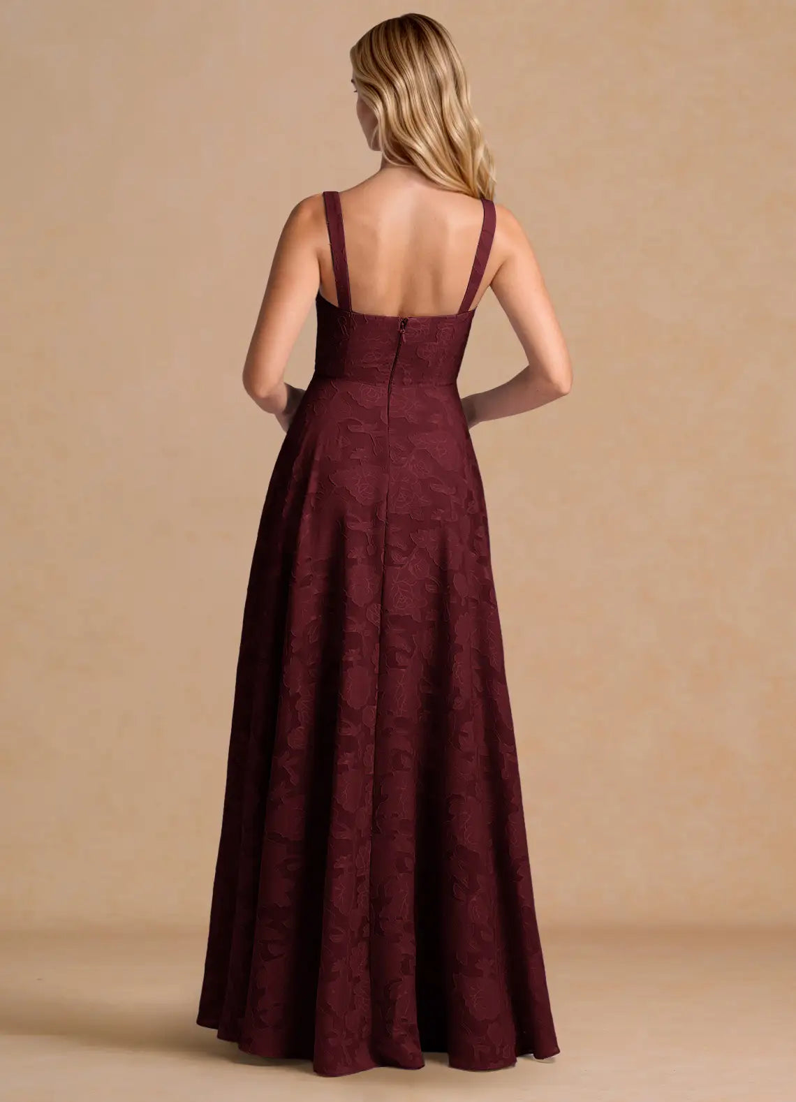 Burgundy A-Line Square Neck Pleated Floor-Length Wedding Dress - Yihuiw by Yihuiw