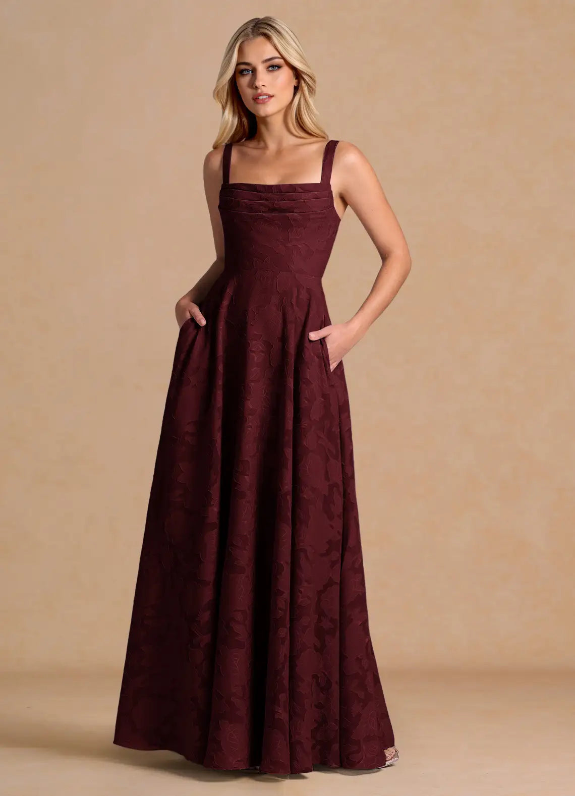 Burgundy A-Line Square Neck Pleated Floor-Length Wedding Dress - Yihuiw by Yihuiw