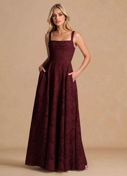 Burgundy A-Line Square Neck Pleated Floor-Length Wedding Dress - Yihuiw by Yihuiw
