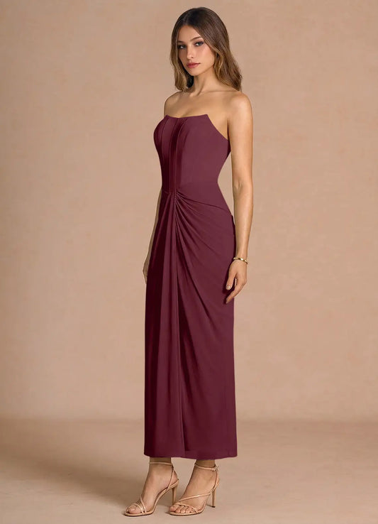 Burgundy Strapless Lace-Up Back Midi Wedding Dress - Yihuiw by Yihuiw