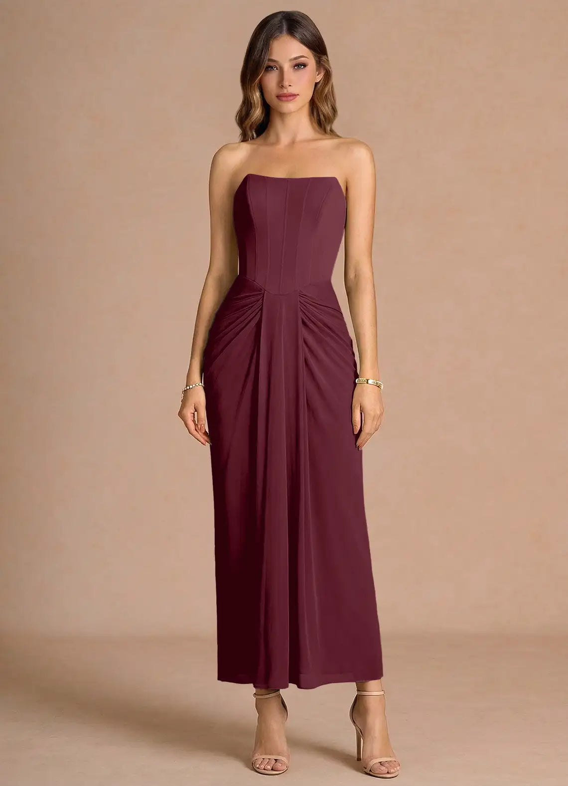 Burgundy Strapless Lace-Up Back Midi Wedding Dress - Yihuiw by Yihuiw
