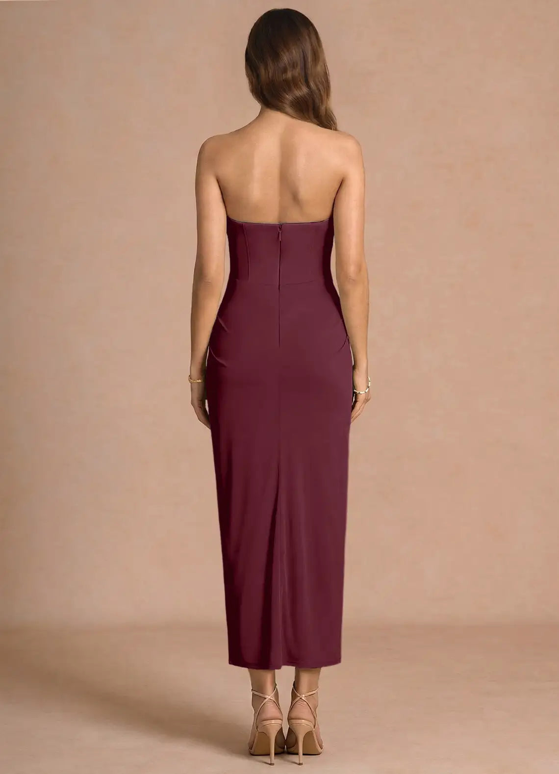 Burgundy Strapless Lace-Up Back Midi Wedding Dress - Yihuiw by Yihuiw