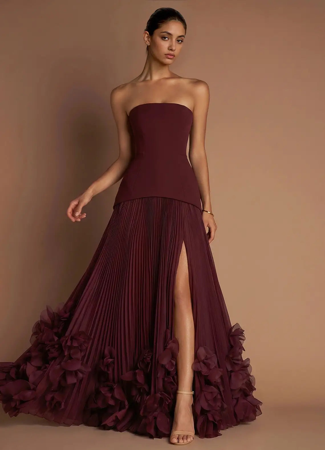 Burgundy Strapless Lace-Up Back High Slit Floor-Length Formal Gown - Yihuiw by Yihuiw