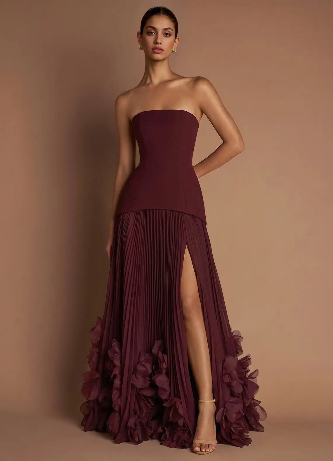 Burgundy Strapless Lace-Up Back High Slit Floor-Length Formal Gown - Yihuiw by Yihuiw