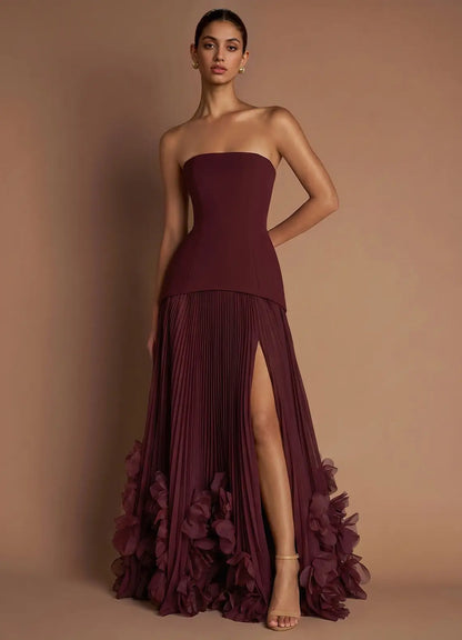 Burgundy Strapless Lace-Up Back High Slit Floor-Length Formal Gown - Yihuiw by Yihuiw