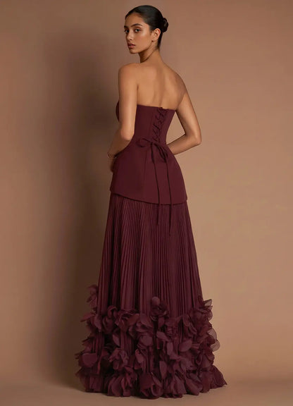 Burgundy Strapless Lace-Up Back High Slit Floor-Length Formal Gown - Yihuiw by Yihuiw