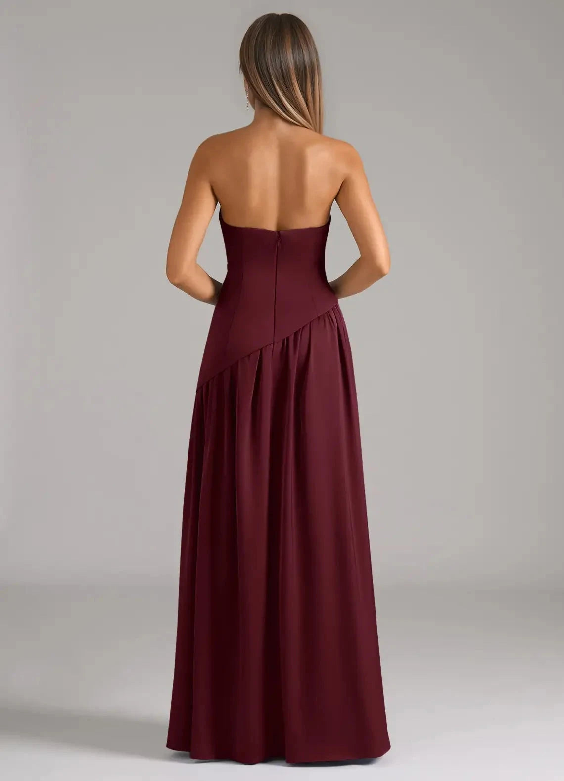 Burgundy Strapless Maxi Dress with Asymmetric Detail and Side Slit A-Line Strapless Stretch Satin Convertible Dress Bridesmaid Dresses by YiHuiw