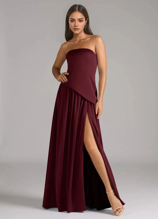 Burgundy Strapless Maxi Dress with Asymmetric Detail and Side Slit A-Line Strapless Stretch Satin Convertible Dress Bridesmaid Dresses by YiHuiw