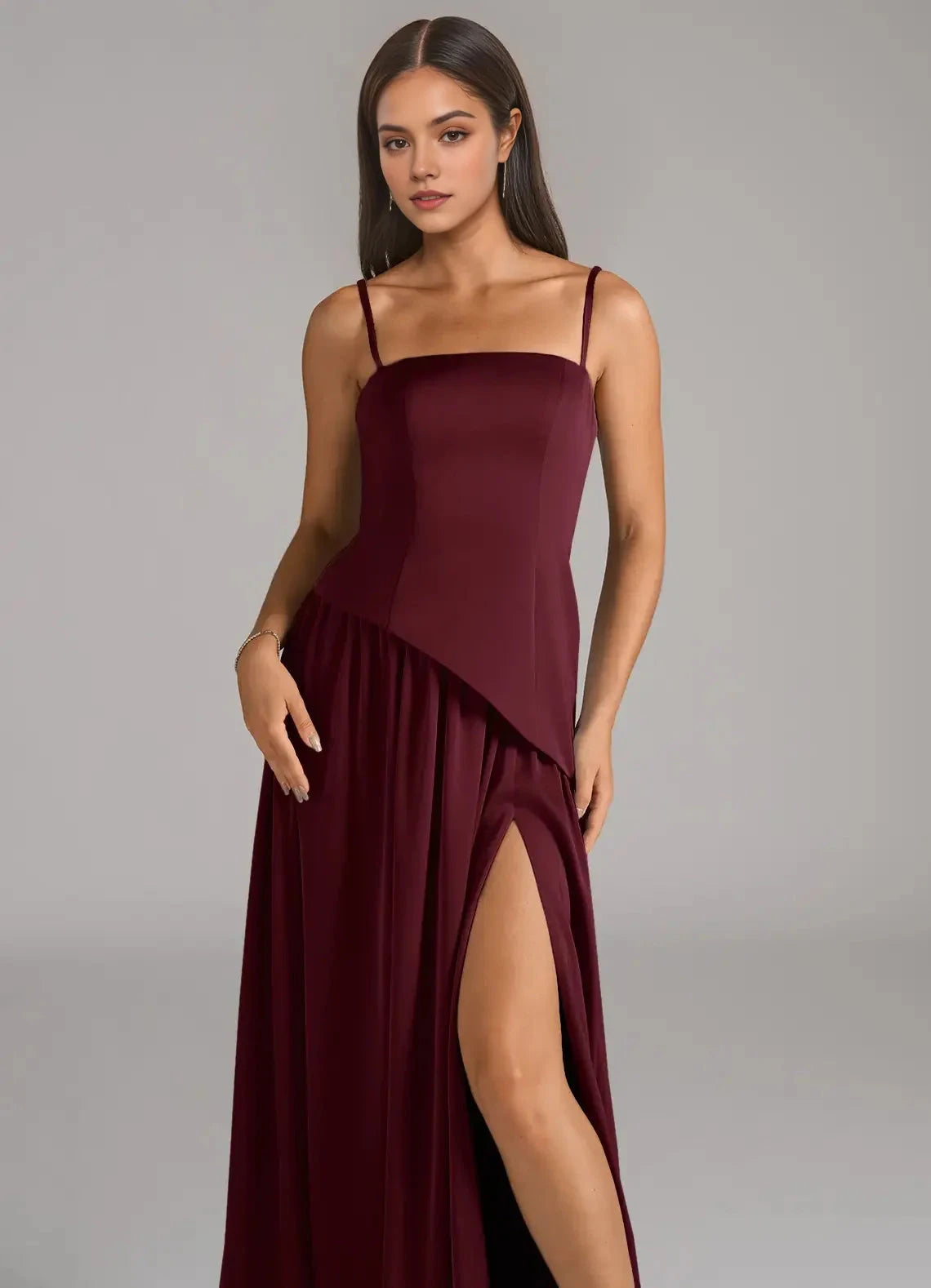 Burgundy Strapless Maxi Dress with Asymmetric Detail and Side Slit A-Line Strapless Stretch Satin Convertible Dress Bridesmaid Dresses by YiHuiw