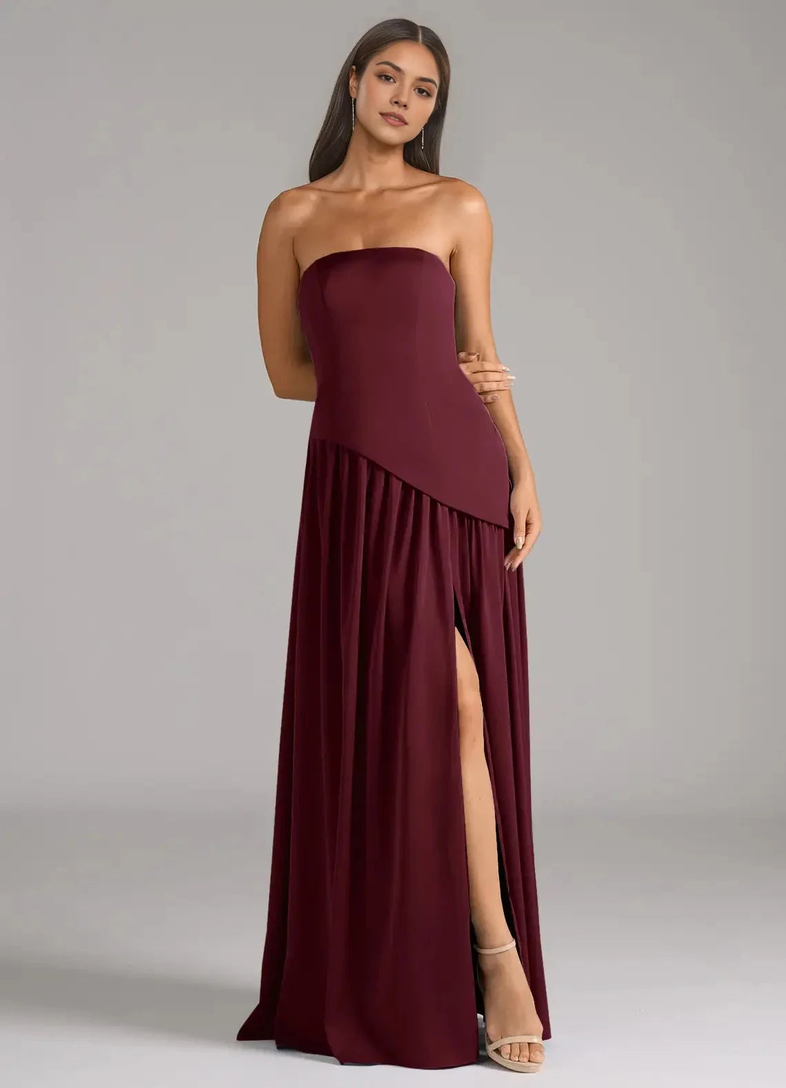 Burgundy Strapless Maxi Dress with Asymmetric Detail and Side Slit A-Line Strapless Stretch Satin Convertible Dress Bridesmaid Dresses by YiHuiw