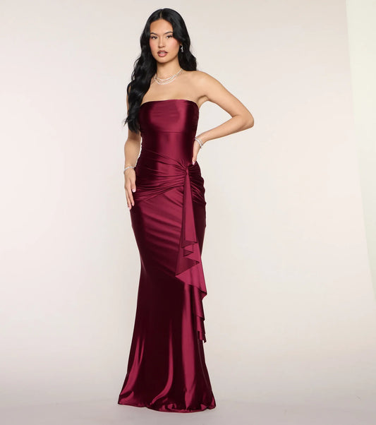 Burgundy Mermaid Strapless Ruffled Floor-Length Wedding Dress - Yihuiw by Yihuiw