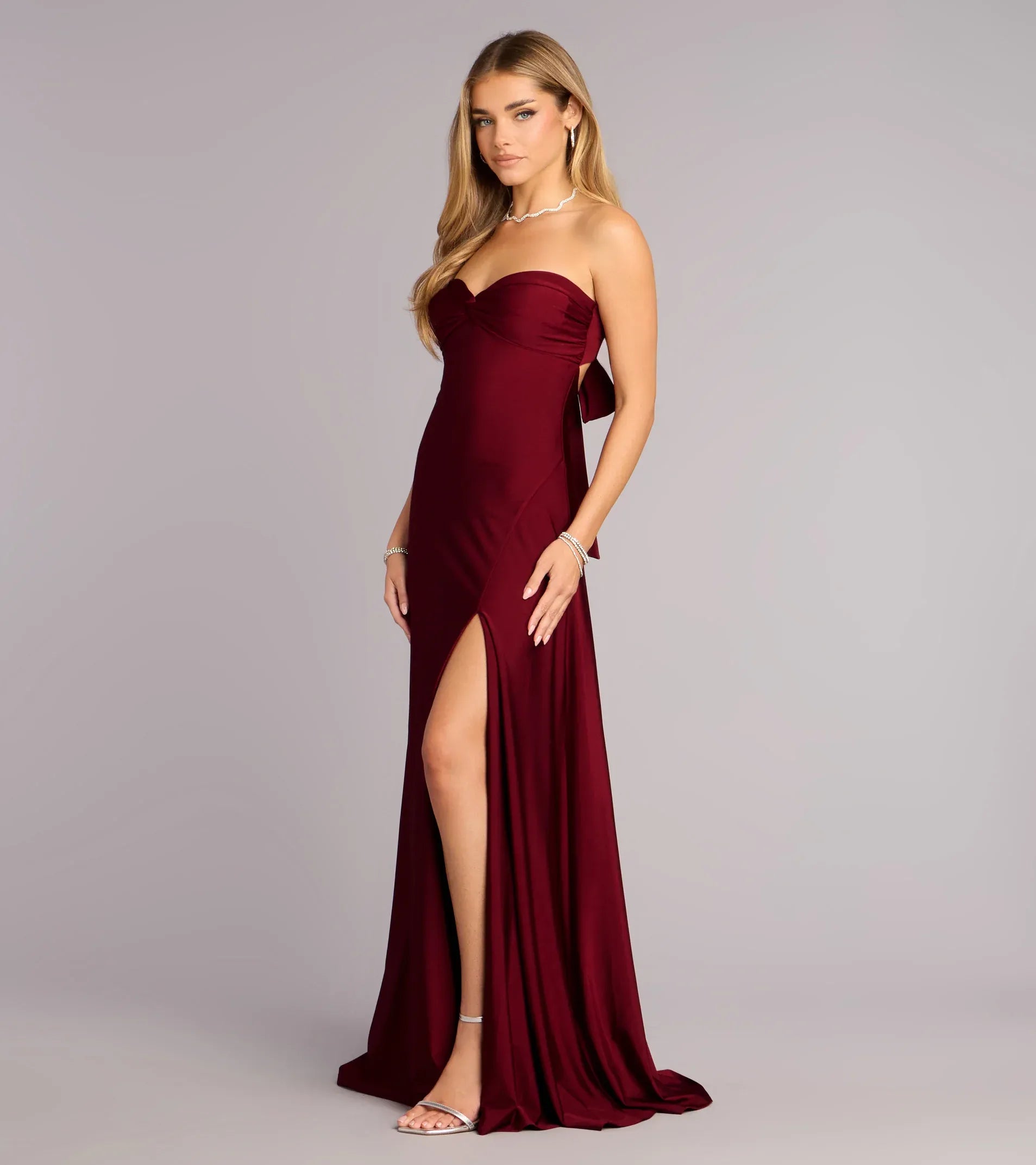 Burgundy Mermaid Strapless Satin High Slit Floor-Length Wedding Dress - Yihuiw by Yihuiw
