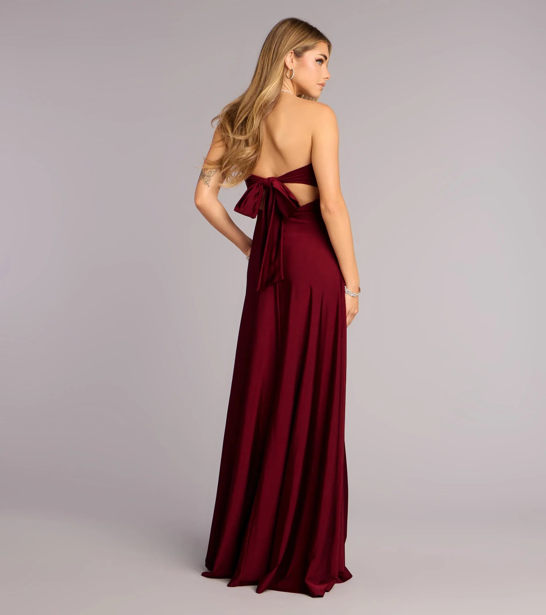 Burgundy Mermaid Strapless Satin High Slit Floor-Length Wedding Dress - Yihuiw by Yihuiw