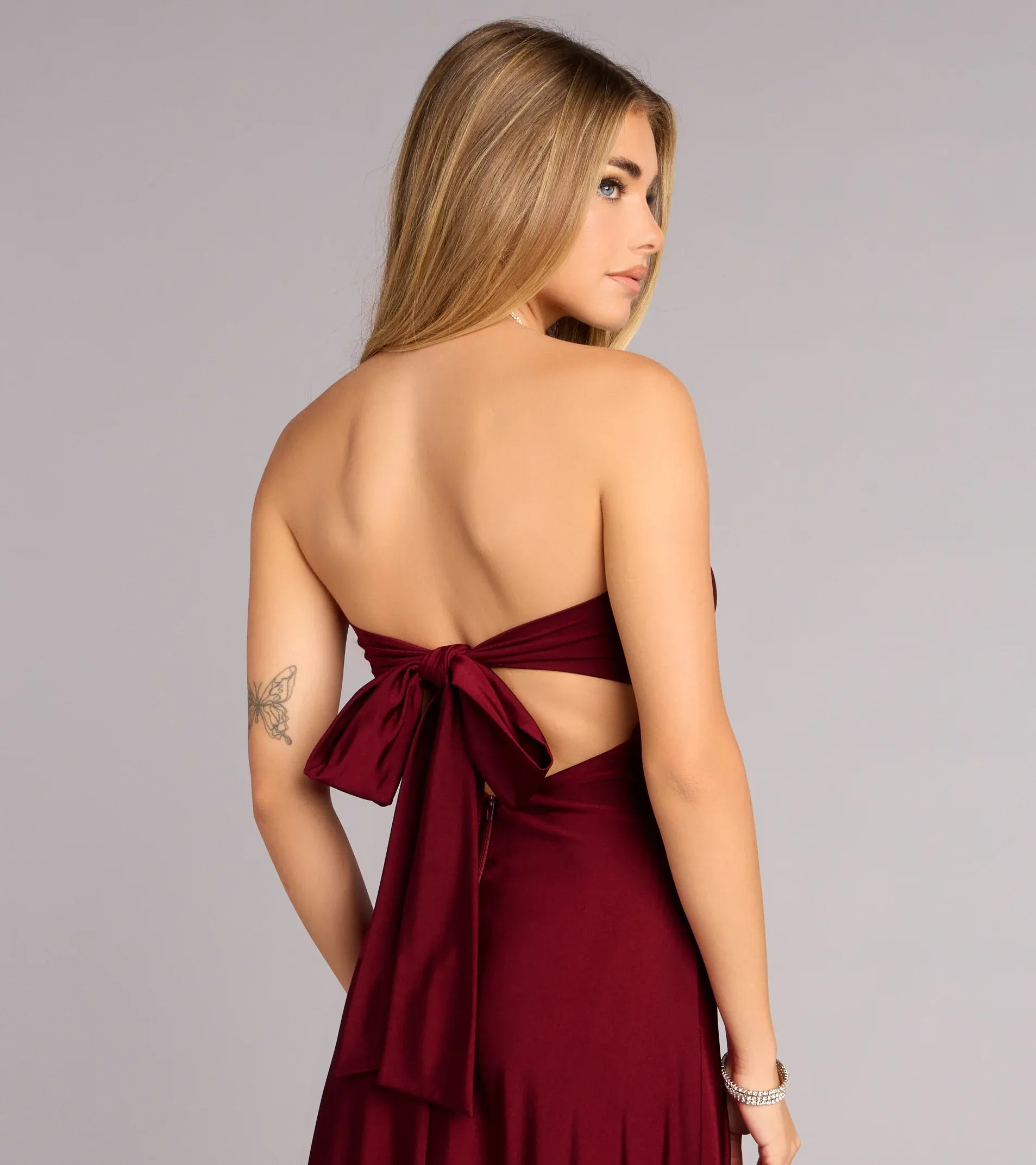 Burgundy Mermaid Strapless Satin High Slit Floor-Length Wedding Dress - Yihuiw by Yihuiw