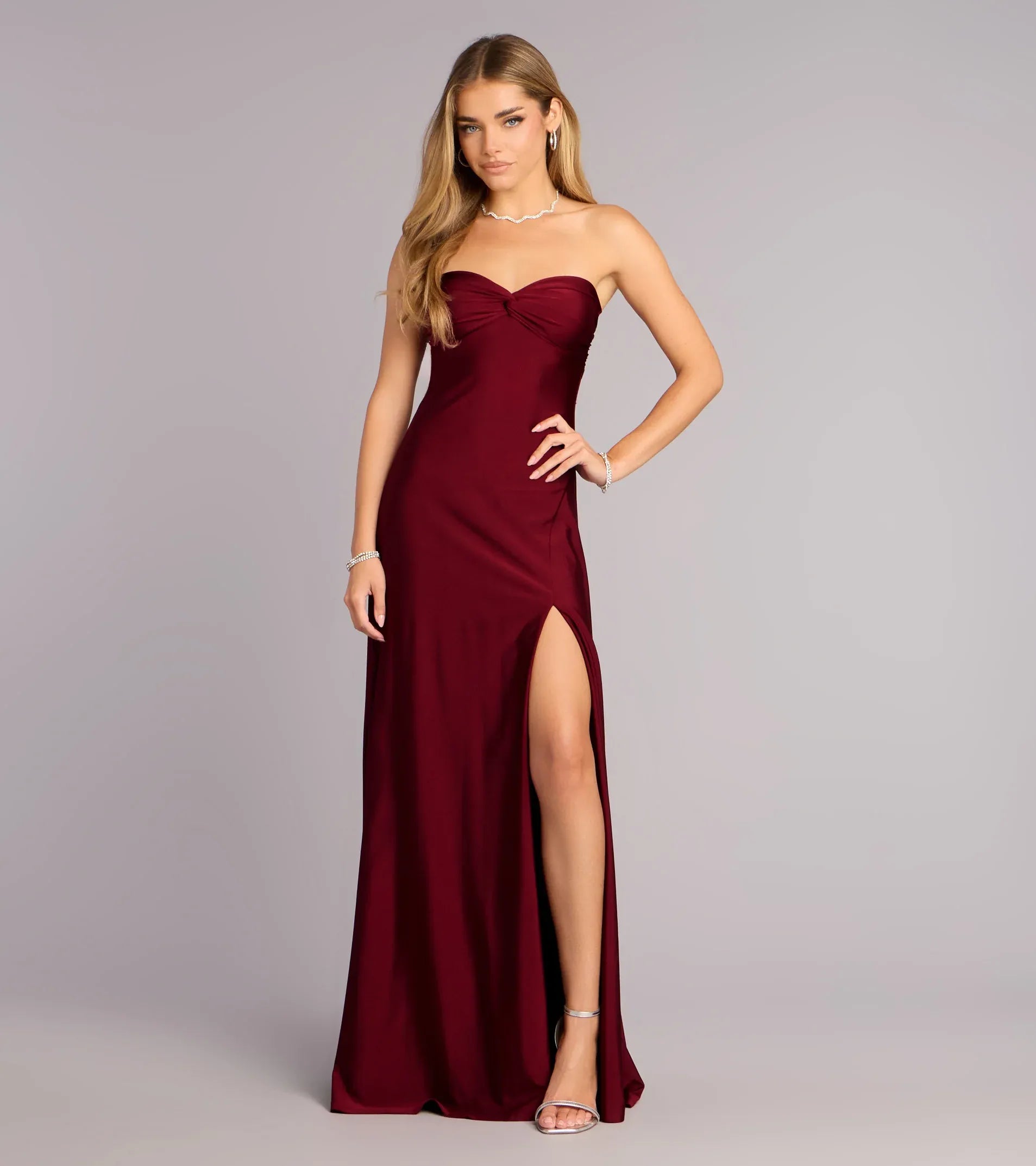 Burgundy Mermaid Strapless Satin High Slit Floor-Length Wedding Dress - Yihuiw by Yihuiw