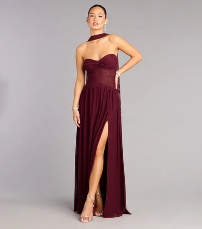 Burgundy Strapless Chiffon High Slit Floor-Length Wedding Dress - Yihuiw by Yihuiw