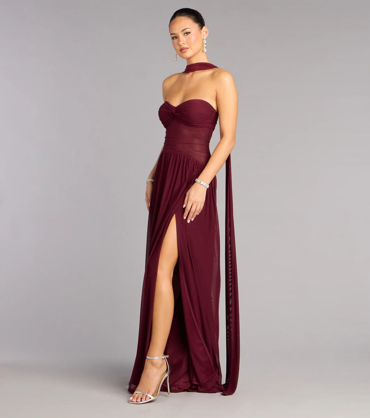 Burgundy Strapless Chiffon High Slit Floor-Length Wedding Dress - Yihuiw by Yihuiw