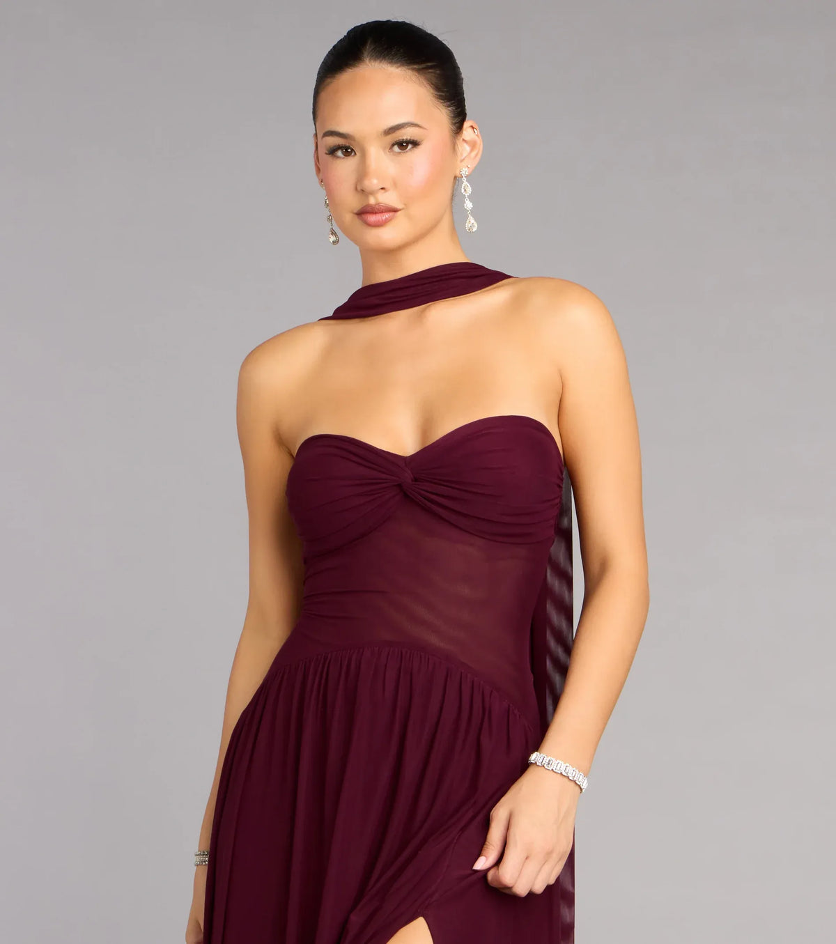 Burgundy Strapless Chiffon High Slit Floor-Length Wedding Dress - Yihuiw by Yihuiw