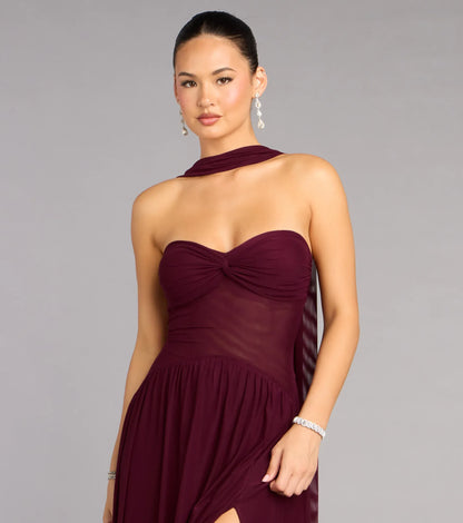 Burgundy Strapless Chiffon High Slit Floor-Length Wedding Dress - Yihuiw by Yihuiw