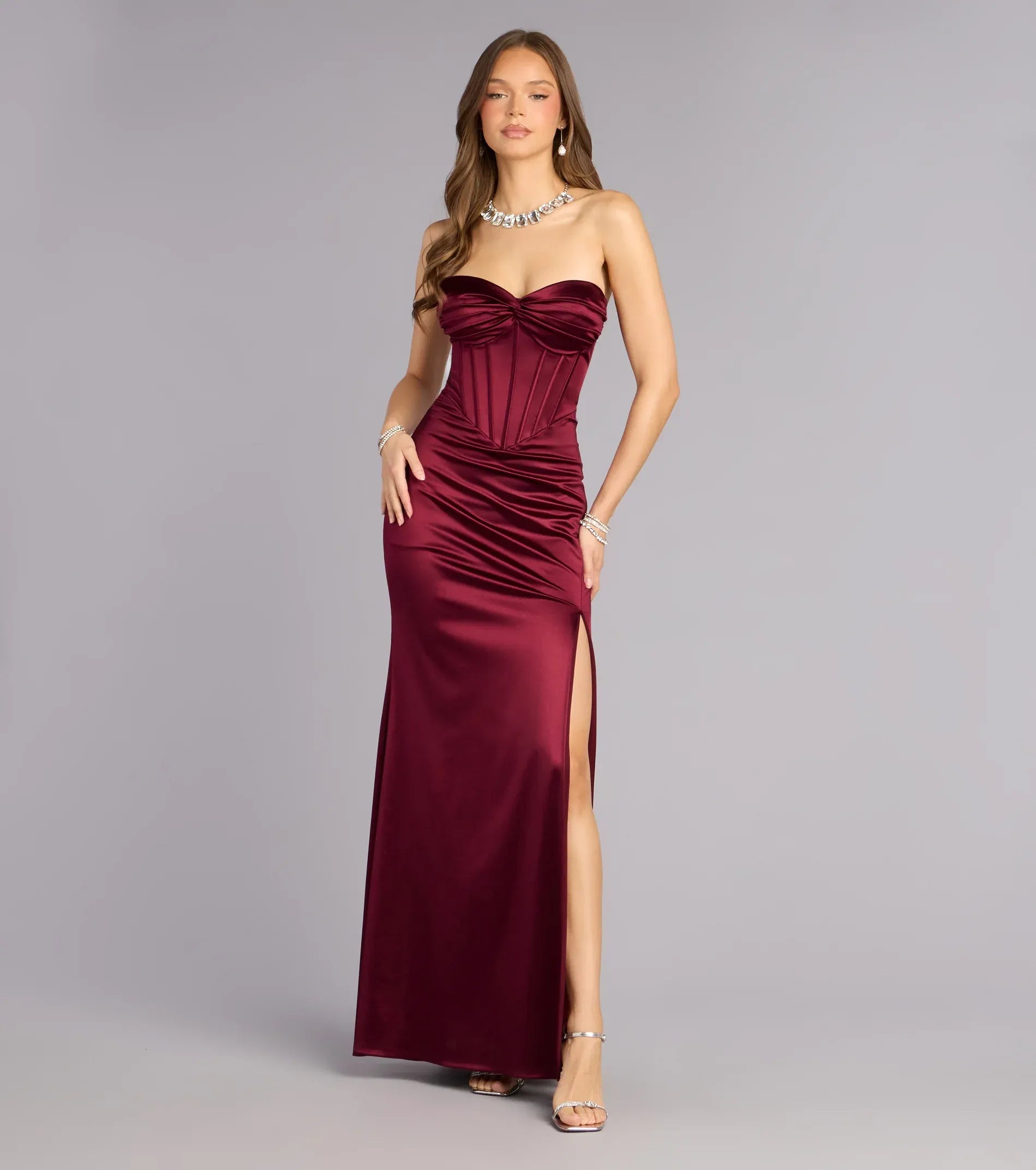Burgundy Mermaid Sweetheart Satin Lace-Up Back High Slit Floor-Length Wedding Dress - Yihuiw by Yihuiw
