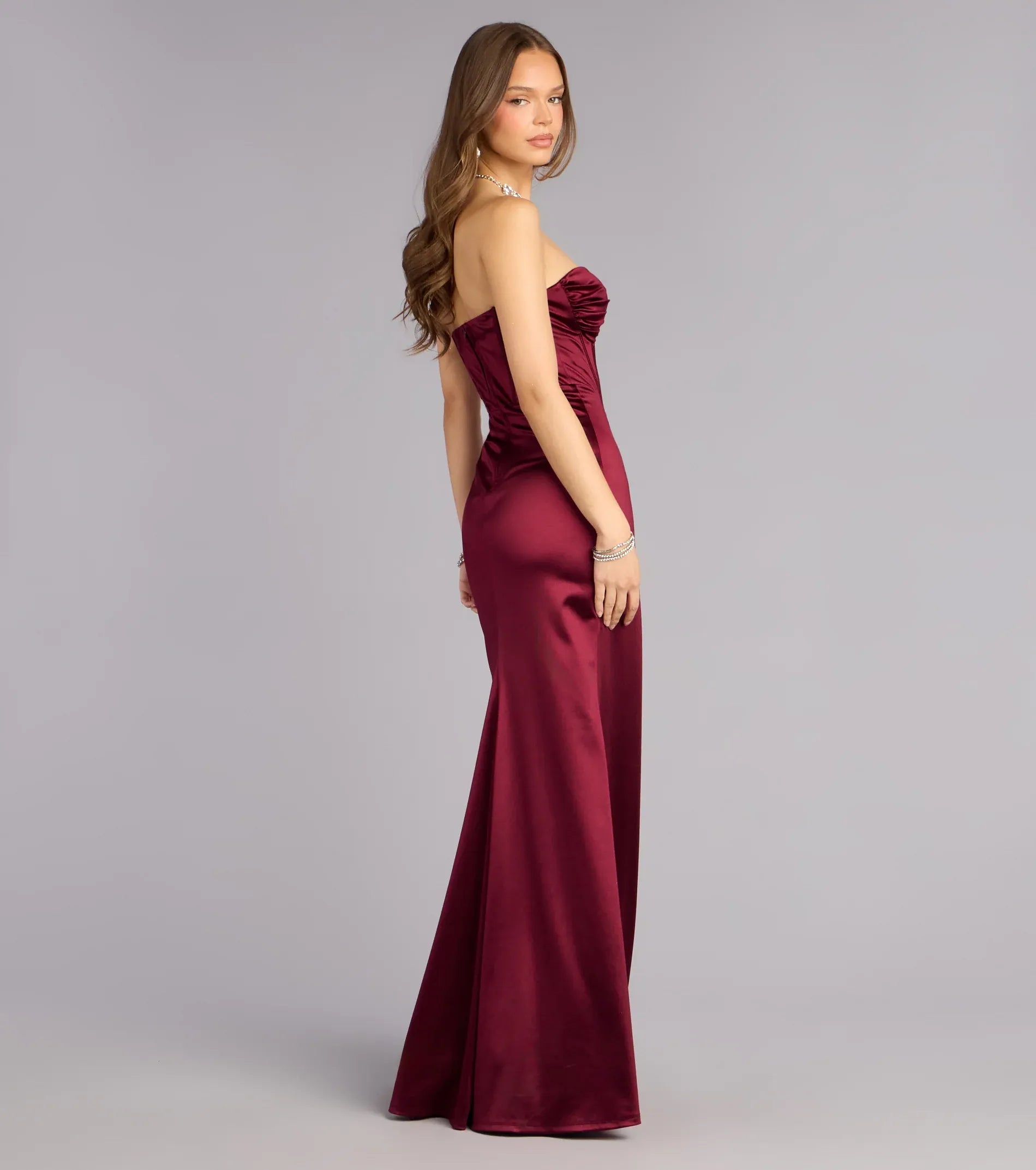 Burgundy Mermaid Sweetheart Satin Lace-Up Back High Slit Floor-Length Wedding Dress - Yihuiw by Yihuiw