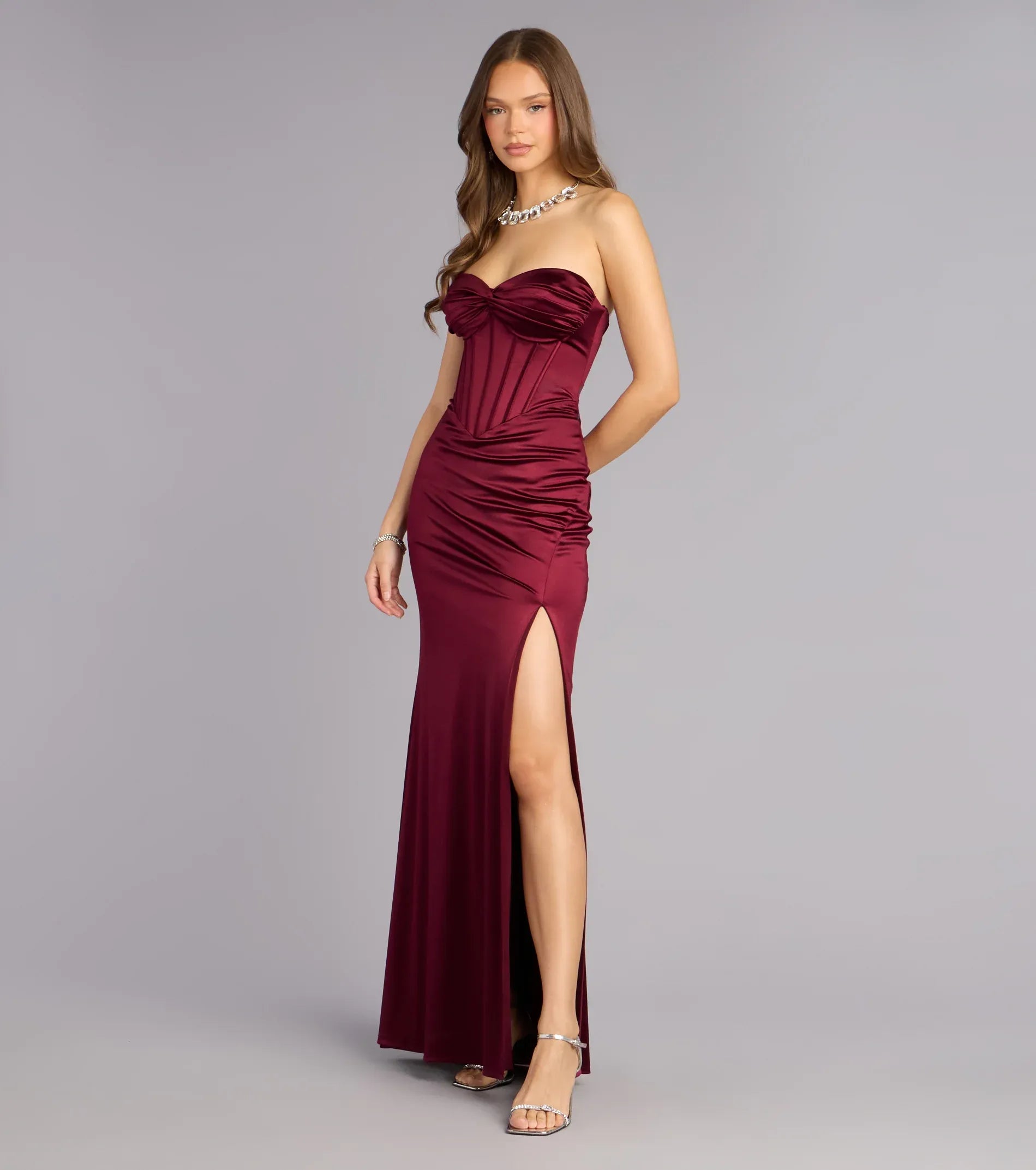 Burgundy Mermaid Sweetheart Satin Lace-Up Back High Slit Floor-Length Wedding Dress - Yihuiw by Yihuiw