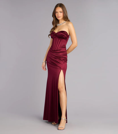 Burgundy Mermaid Sweetheart Satin Lace-Up Back High Slit Floor-Length Wedding Dress - Yihuiw by Yihuiw