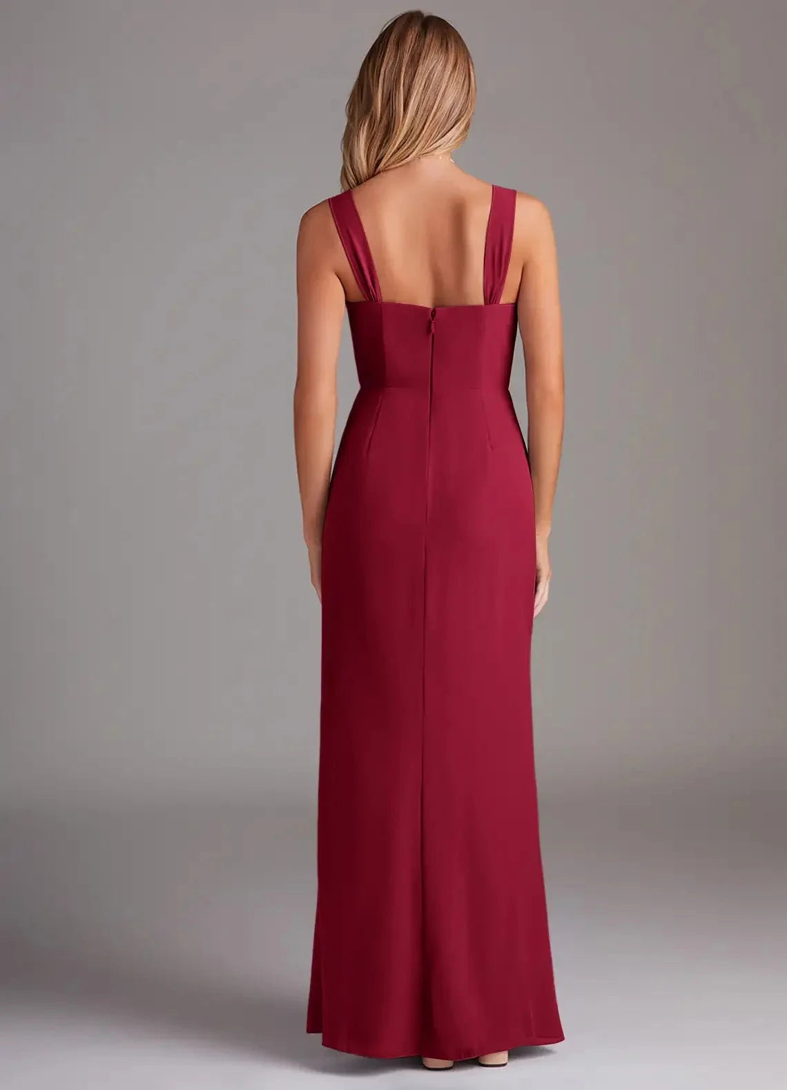 Burgundy Sweetheart Neck Bridesmaid Dress with Square Straps Sheath Pleated Chiffon Dress Bridesmaid Dresses by YiHuiw
