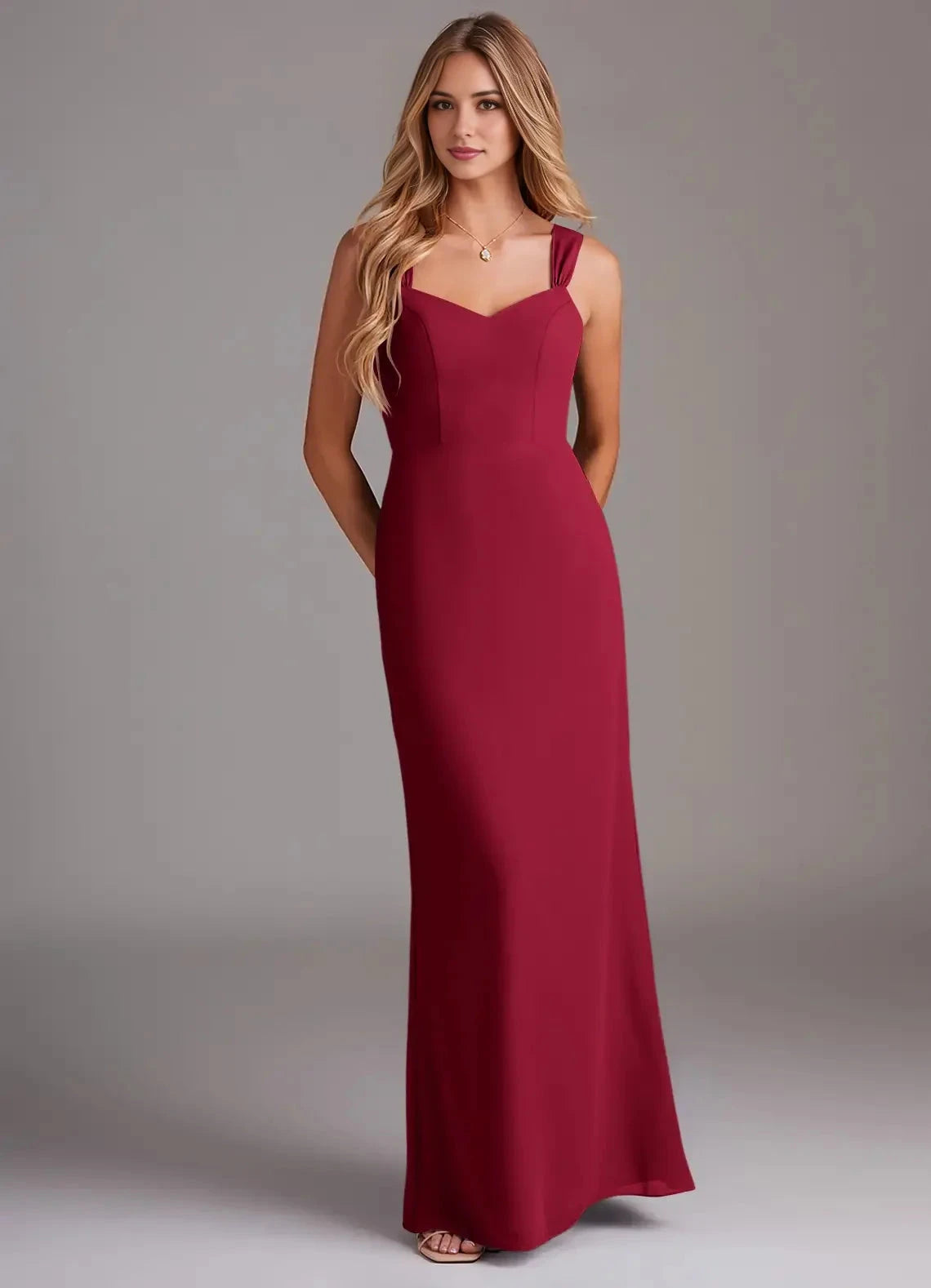 Burgundy Sweetheart Neck Bridesmaid Dress with Square Straps Sheath Pleated Chiffon Dress Bridesmaid Dresses by YiHuiw