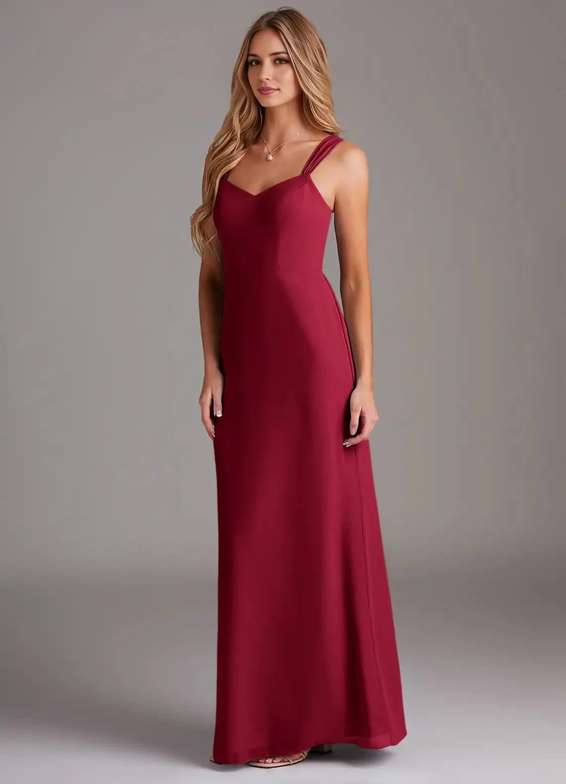 Burgundy Sweetheart Neck Bridesmaid Dress with Square Straps Sheath Pleated Chiffon Dress Bridesmaid Dresses by YiHuiw