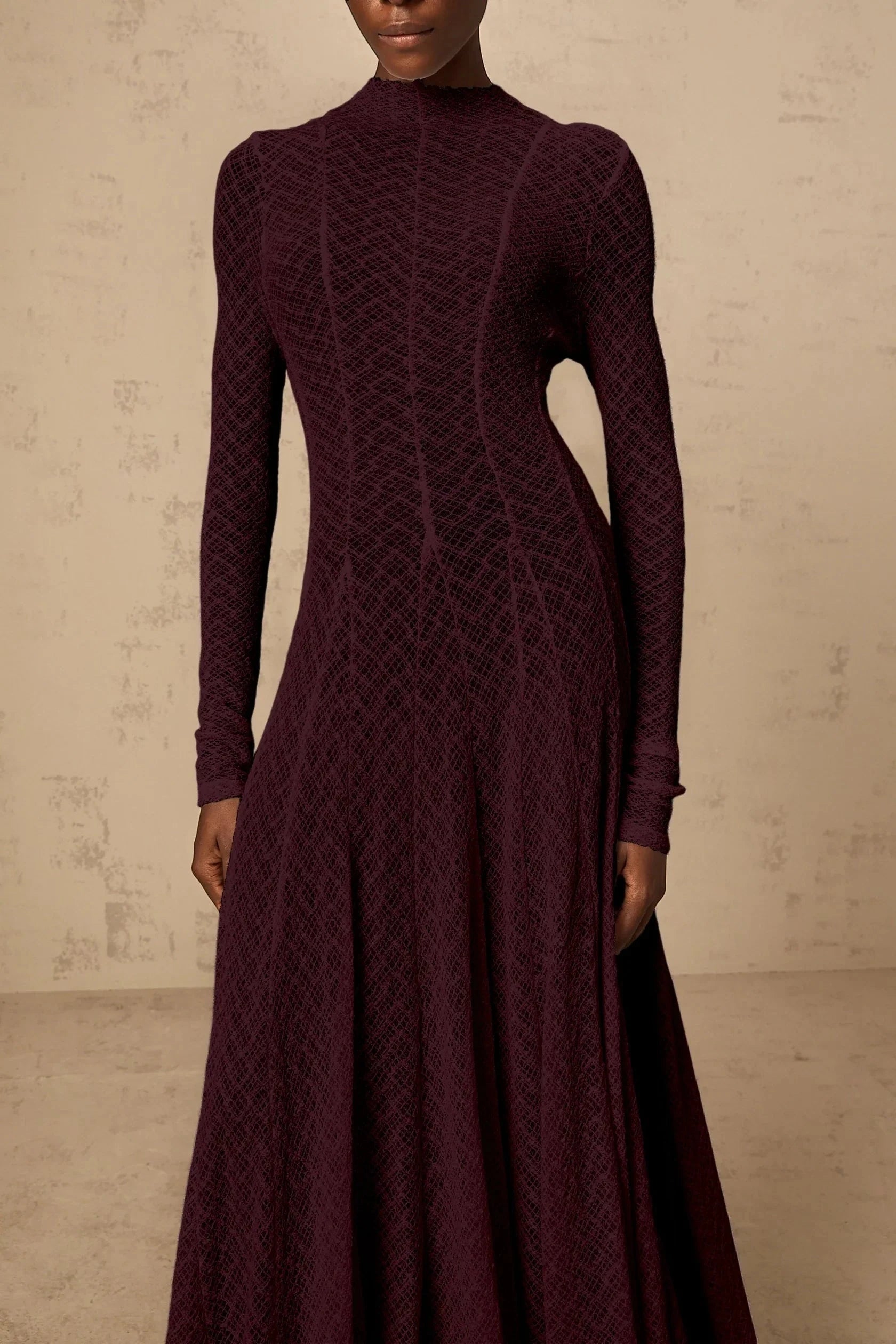 Burgundy Textured Knit Mock Neck Maxi Dress Athena wavy-pattern lace maxi dress in Red Evening Dress by YiHuiw