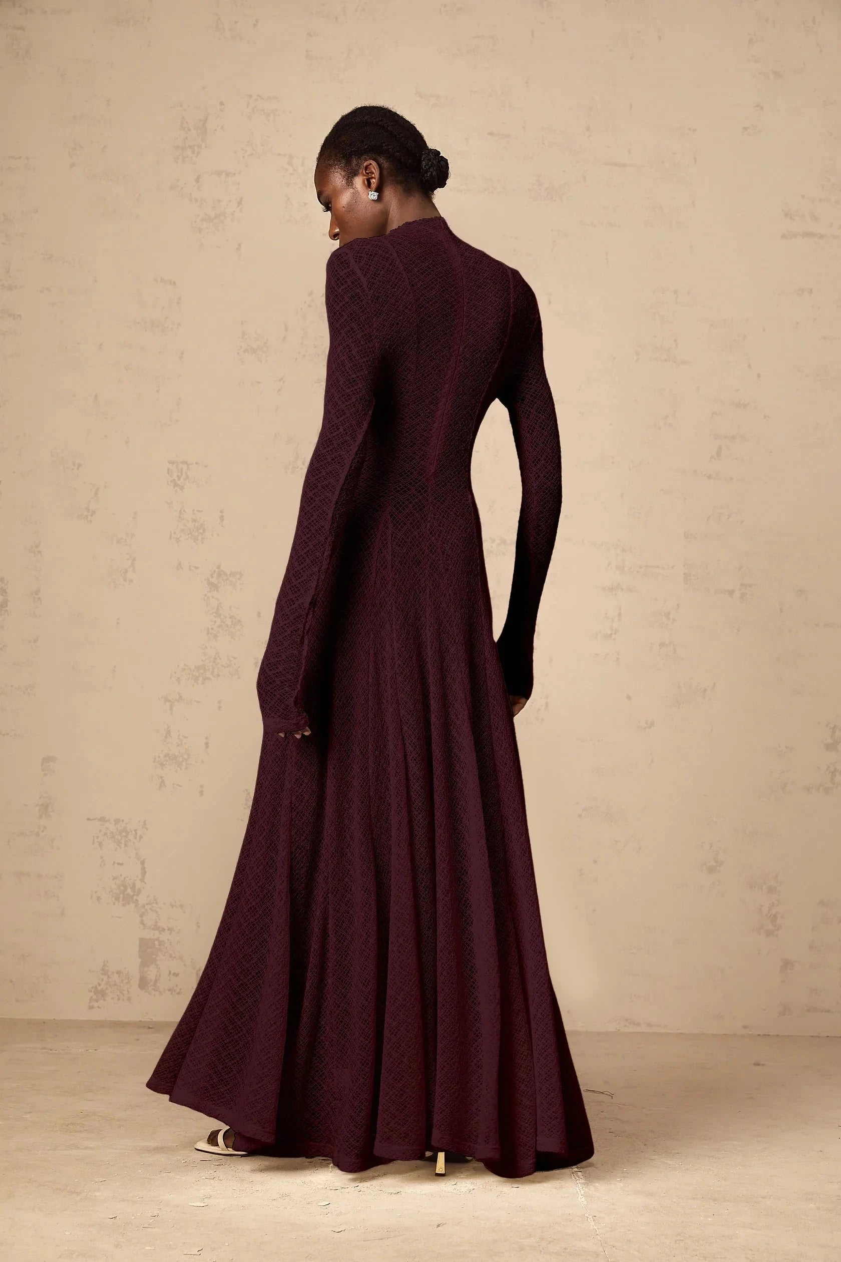 Burgundy Textured Knit Mock Neck Maxi Dress Athena wavy-pattern lace maxi dress in Red Evening Dress by YiHuiw