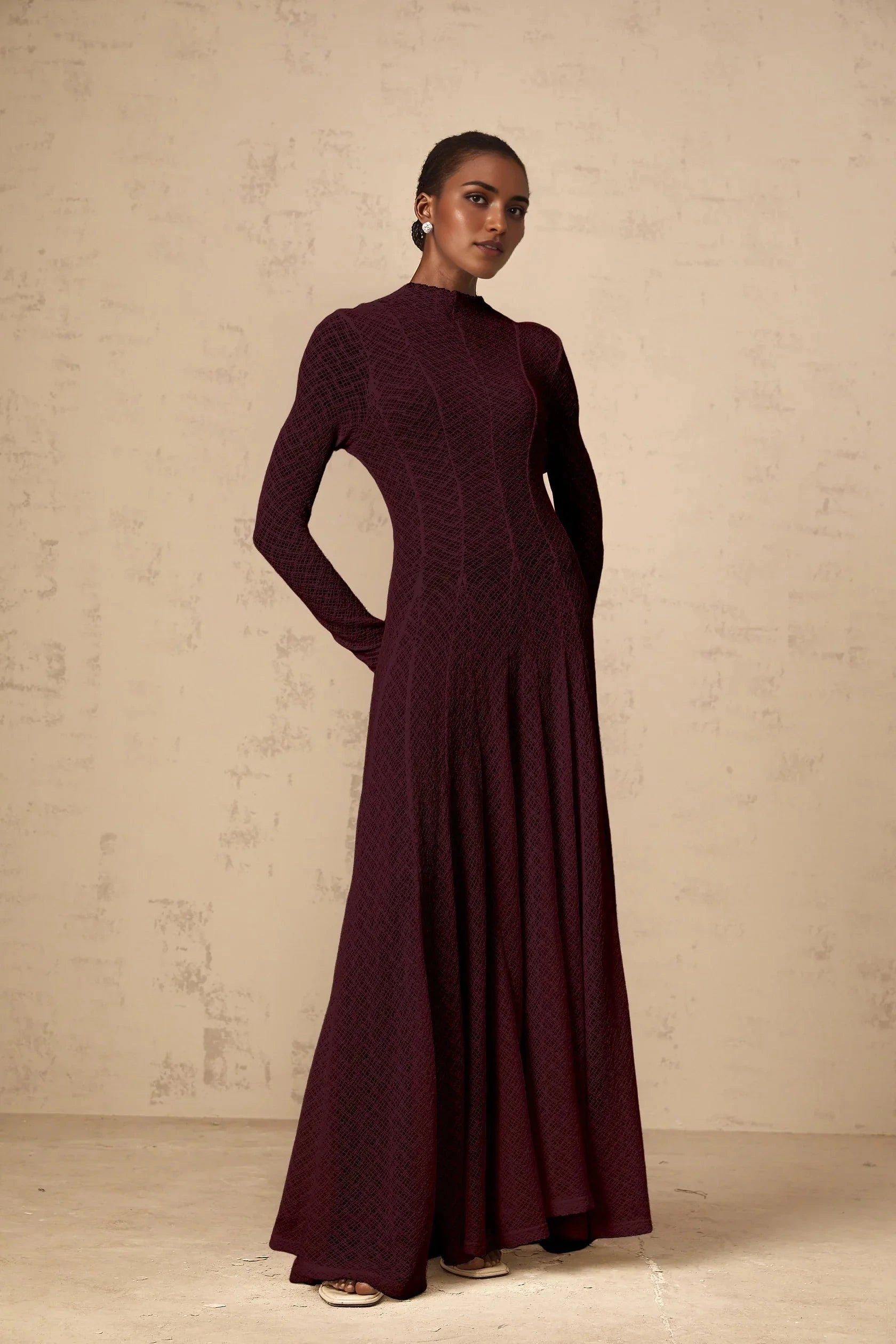 Burgundy Textured Knit Mock Neck Maxi Dress Athena wavy-pattern lace maxi dress in Red Evening Dress by YiHuiw