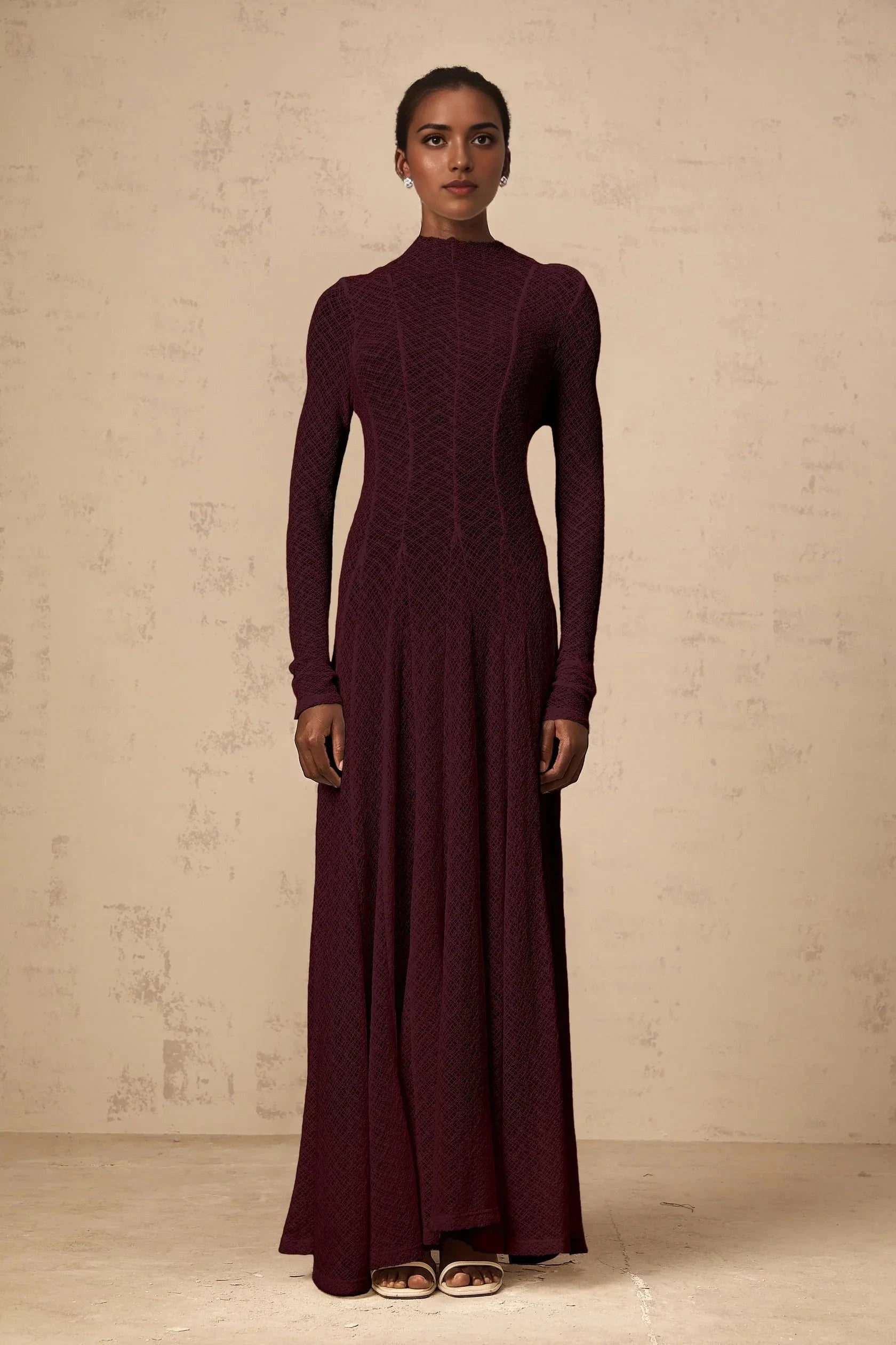 Burgundy Textured Knit Mock Neck Maxi Dress Athena wavy-pattern lace maxi dress in Red Evening Dress by YiHuiw