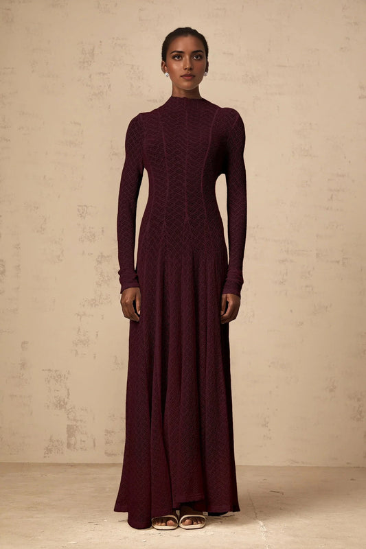 Burgundy Textured Knit Mock Neck Maxi Dress Athena wavy-pattern lace maxi dress in Red Evening Dress by YiHuiw