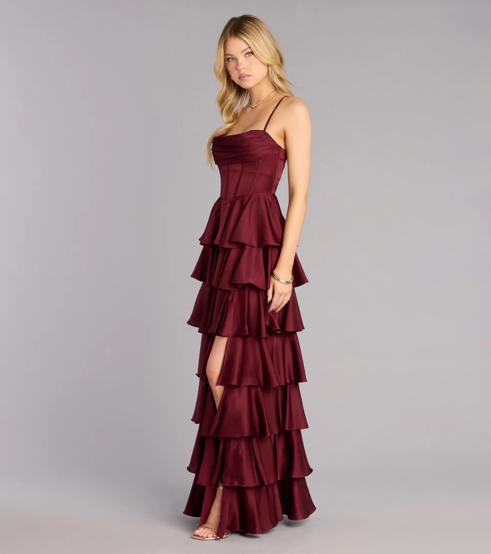 Burgundy Spaghetti Strap Lace Lace-Up Back High Slit Floor-Length Wedding Dress - Yihuiw by Yihuiw