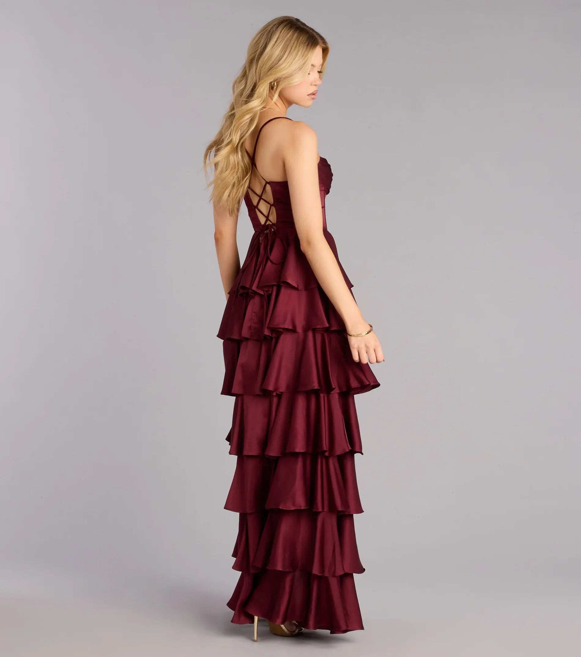 Burgundy Spaghetti Strap Lace Lace-Up Back High Slit Floor-Length Wedding Dress - Yihuiw by Yihuiw