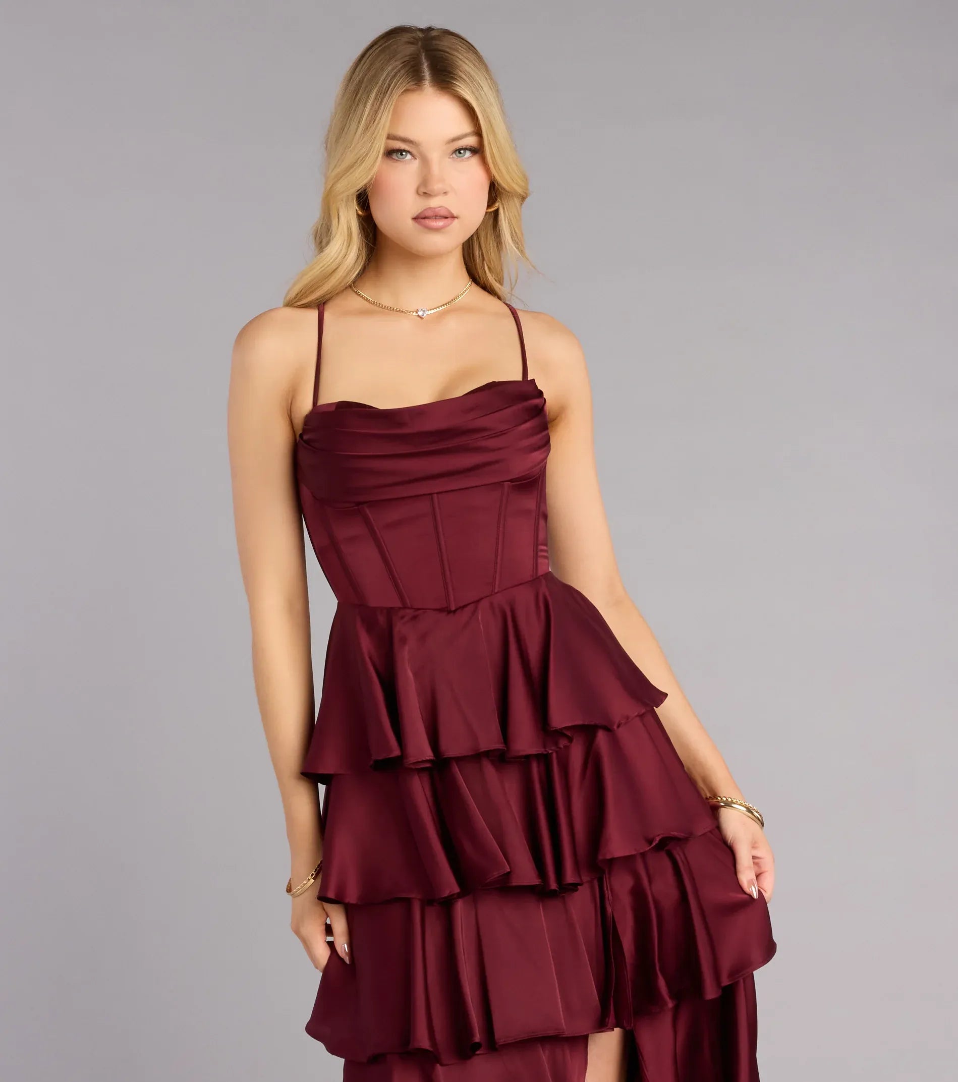 Burgundy Spaghetti Strap Lace Lace-Up Back High Slit Floor-Length Wedding Dress - Yihuiw by Yihuiw