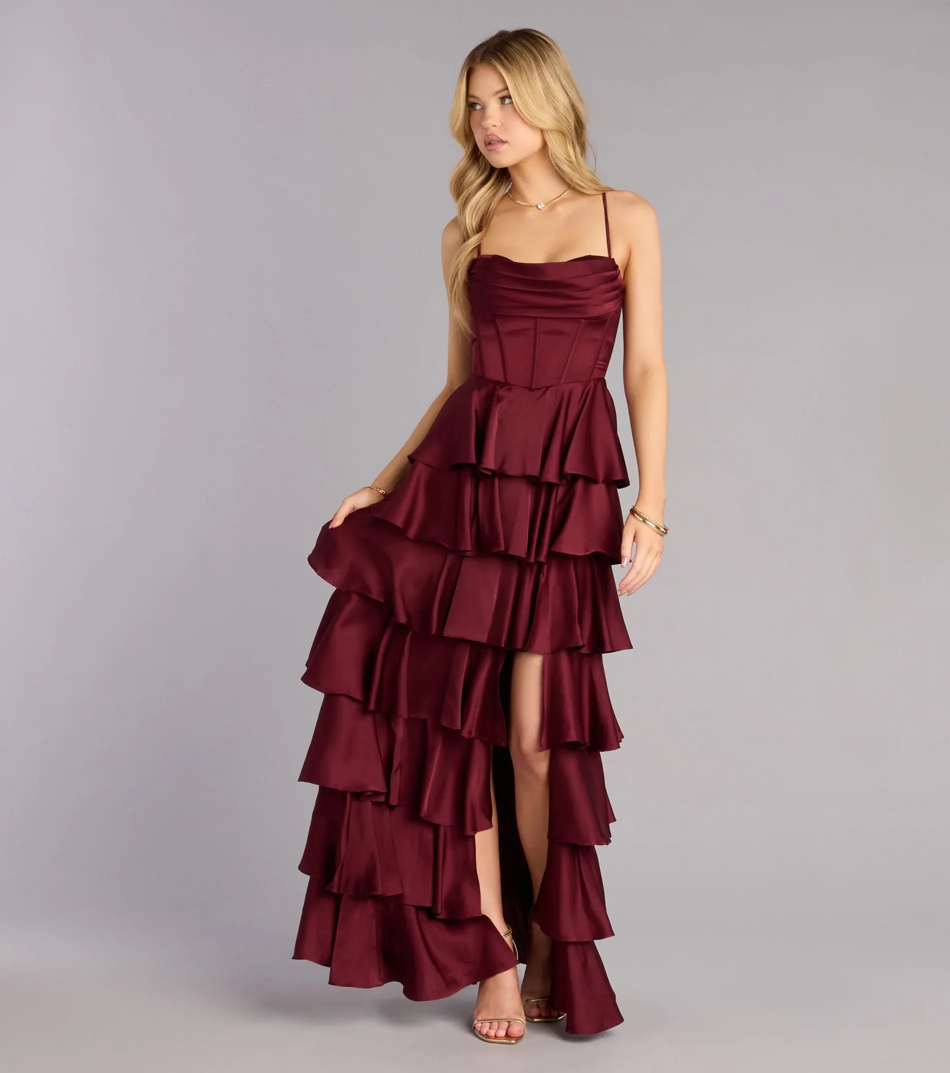 Burgundy Spaghetti Strap Lace Lace-Up Back High Slit Floor-Length Wedding Dress - Yihuiw by Yihuiw